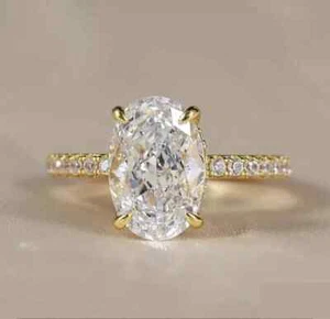 3.Ct Oval Good Cut Moissanite Wedding Halo Ring In 14K Yellow Gold Plated Silver - Picture 1 of 8