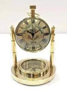Brass Table Clock Handmade Nautical Vintage Maritime Small Table Watch Compass - Picture 1 of 5