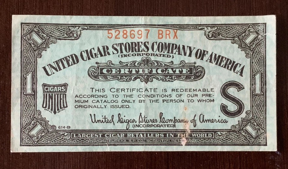 UNITED CIGAR STORES COMPANY OF AMERICA CERTIFICATE US BOB STAMP - Image 1 of 2