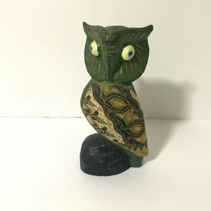 Wooden Owl Balinese Green crackle fabric wings hand painted midcentury vibe - Picture 1 of 3