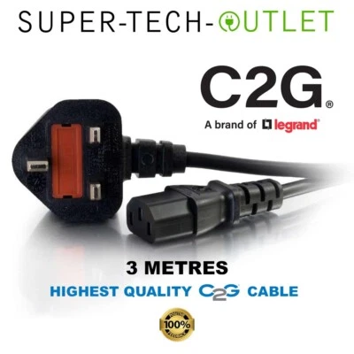 C2G 3M Metre UK Mains Power Plug to IEC C13 Cable Cord Lead PC Kettle TV 10A - Image 1 of 4