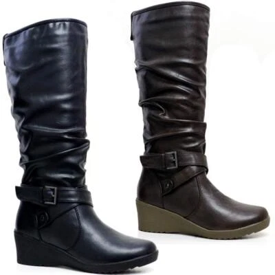 Girls Mid Calf Boots Zip Up School Winter Ankle Biker Military Wedge Boots Shoes - Image 1 of 4