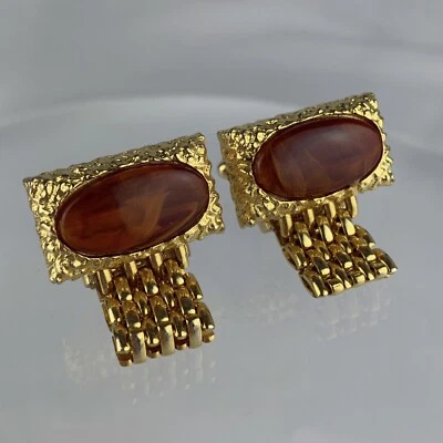 Brown Swirl Lucite Cabochon Mesh Wrap Gold Tone Cufflinks Modernist Dante VTG N1 - Image 1 of 4