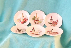Juego de 6 imágenes de vino y comida Lourioux porcelana canapé charcutería Francia - Imagen 1 de 3