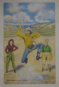 1946 Dude Larsen Western Art Linen cartolina come i cowboy tengono giovani non spedita USA - Foto 1 di 2