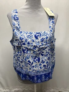Joie Anthropologie Women Medium Tank White Blue Floral Sleeveless 100% Linen Top - Picture 1 of 12