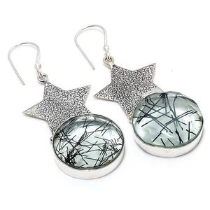Black Rutile Gemstone Handmade 925 Sterling Silver Jewelry Earring 2.36 " - Picture 1 of 5