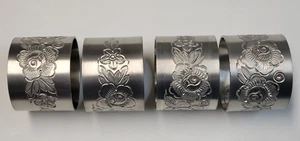 Reed & Barton 4 Pewter Flower Etched Floral Napkin Rings Art Nouveau Romantic - Picture 1 of 20