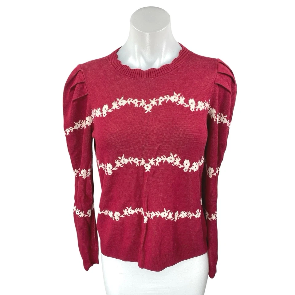 Suéter Top Ann Taylor LOFT Para Mujer Rojo Floral Rayas Manga Larga Abullonada Talla S Foto 1 de 4