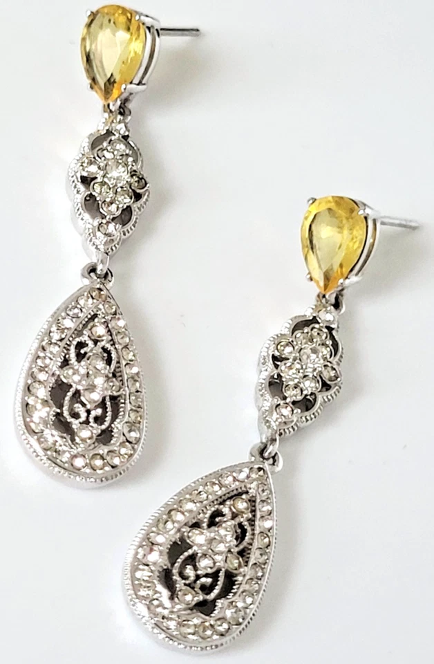Pendientes colgantes Nadri circonita cúbica chapada en rodio citrino circonita cúbica lágrima 1,75" Foto 1 de 4
