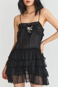 Neu mit Etikett LoveShack ausgefallenes schwarzes Seidenkleid MYRNA MINI Stufen Spitze Chiffon Rüschen Gr. L - Bild 1 von 18