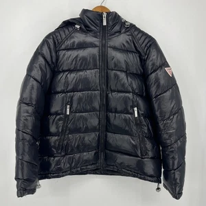 Guess Puffer Jacket Women's Size L Black Hooded Full Zip Nylon Outerwear - Picture 1 of 10