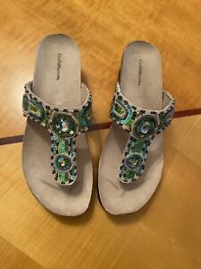 Sequin and beaded teal green wedge sandals