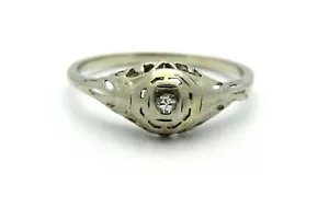 Estate ART-DECO 18k White Gold Natural Single cut Diamond Vintage Ring - Picture 1 of 4
