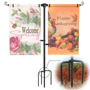 Garden Flag Stand Holder with 4 Prong Base for Double Flags - 3/4 Inch Extra - Picture 1 of 8