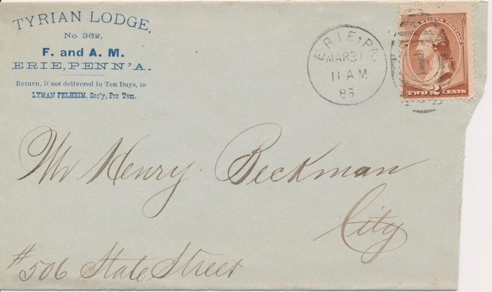 Tyrian Lodge no. 362 Free & Accepted Masons Erie PA 1888 Advertising corner cove - Image 1 of 1