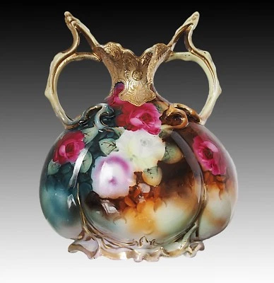 Антикварная ваза с двойной ручкой с розами ручной росписи ROYAL KINRAN NIPPON 1906 - Изображение 1 из 4