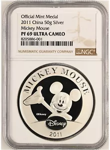 NGC PF69 2011 China Disney Mickey Mouse Silbermedaille 50g COA - Bild 1 von 2