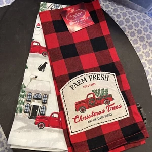 Karo Rot LKW Weihnachtsbäume Handtücher 2er Set Weihnachten Küchentücher Neu mit Etikett - Bild 1 von 4