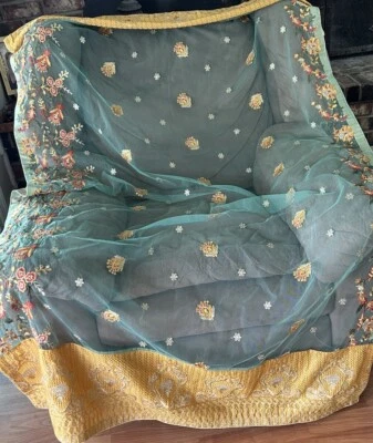 Women’s Indian Fabric Shawl Dupatta Embroider Floral Metallic Green Gold 96 X 43 - Image 1 of 4