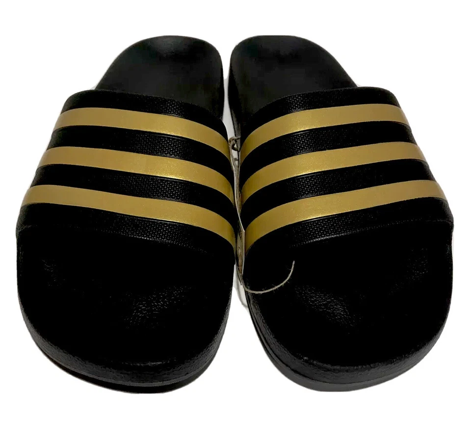 adidas Mens Adilette Aqua Slides Sandal Black Gold EG1758 Sz 11 Embossed Logo
