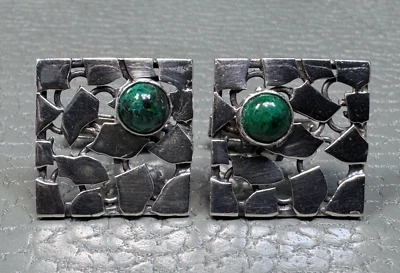 Сетчатые запонки из чистого серебра с зеленым малахитом - Изображение 1 из 3