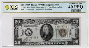 Billete de 20 dólares de la Reserva Federal de Hawaii de 1934A emisión de emergencia fr.-2305 graduación profesional 40 PPQ - Imagen 1 de 6