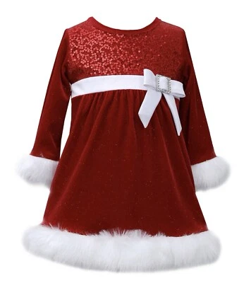 Bonnie Baby Baby Girls Sequin Velvet Santa Dress with Faux Fur Trim NWT 6-9 Mon - Image 1 of 4