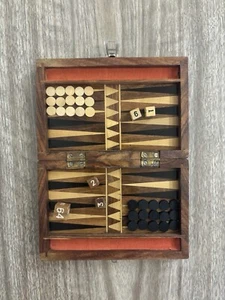 Stunning Vintage Handmade Small Wooden Complete Backgammon Game Set - Picture 1 of 20
