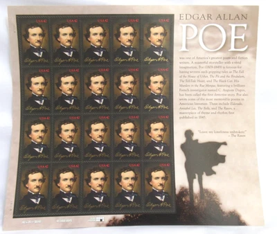 2009 Edgar Allan Poe 42¢ Stamp Sheet Complete Pane of 20 MNH USPS Mint #4377 - Image 1 of 3