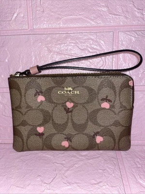 Coach Signature Canvas Corner Zip Wristlet With Heart Floral Pattern EUC - Image 1 of 4