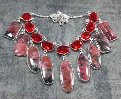 Rhodonite Garnet 925 Silver Plated Cluster Necklace 18" Aesthetic Jewellery JW - Image 1 of 3