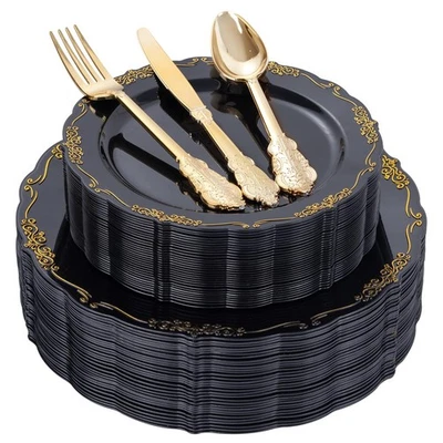 150Pcs Black Gold Plastic Plates & Plastic Silverware,Black Disposable Plates... - Image 1 of 4