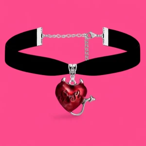 RED DEVIL HEART CHOKER black velvet necklace wicked flames Y2K gothic charm 6G - Picture 1 of 4