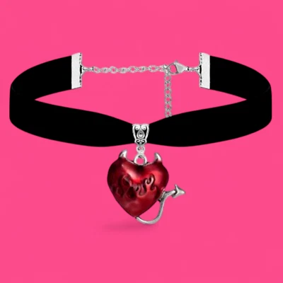 RED DEVIL HEART CHOKER black velvet necklace wicked flames Y2K gothic charm 6G - Image 1 of 4