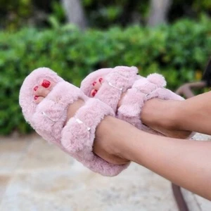 Women's Around Furry Fluffy Flat Slippers Pink Mauve Color - Picture 1 of 4