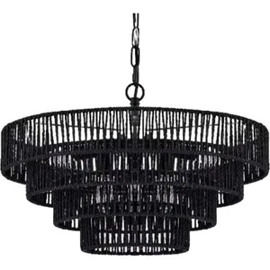 Black Rattan Chandelier 6-Lights 20" Transitional Minimalist 4 Round #8221 - Picture 1 of 5