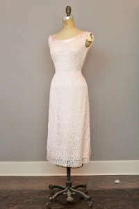 Vintage 1950's Cotton Candy Pink Lace & Satin Cocktail * Wiggle Dress XS - Picture 1 of 6