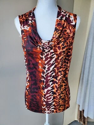 Top Dana Buchman para mujer XS naranja rojo estampado animal cuello drapeado sin mangas elástico Foto 1 de 4