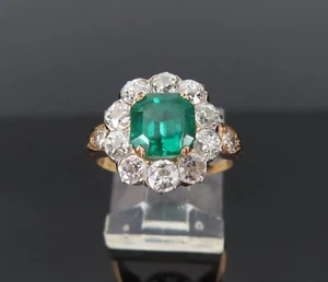 1.49ct Emerald AGL Colombian Faint & 1.0ct Old Mine Cut Diamond 18K Gold Ring - Picture 1 of 12