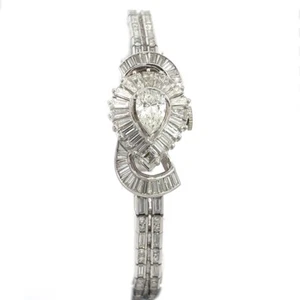 7.5ct Pear Baguette Diamond Platinum Manual Wind Ladies Watch - Picture 1 of 7
