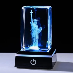 3D Engraved Statue of Liberty Crystal Cube with LED Colorful Lighting Base Gift - Picture 1 of 7