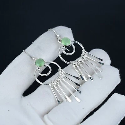 Verde Calcedonio Gemma Artigianale 925 Orecchini Argento Sterling Per Love Gifts - Immagine 1 di 4