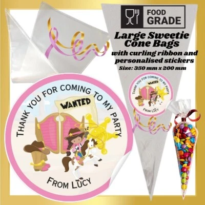 20 Wacky Wild West Cowgirl DIY Personalised Sweet Cone Kit Party Bag Sticker Kit - Image 1 of 2