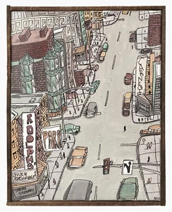 Aaron Wooten Cityscape Acrylic Painting Canvas City Street Scene Chicago Cartoon - Picture 1 of 6