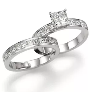 2 1/2 CT Diamond Engagement Ring Set Princess F/SI1 18K White Gold Size Selectab - Picture 1 of 6
