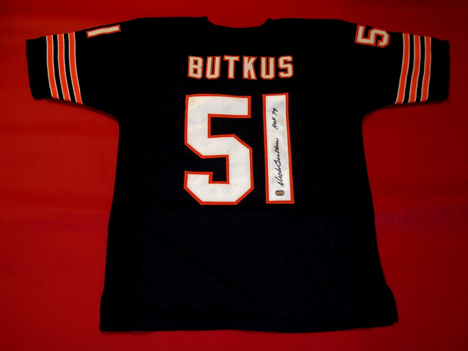 DICK BUTKUS AUTOGRAPHED CHICAGO BEARS JERSEY MOUNTED MEMORIES HOF 79 - Image 1 of 1