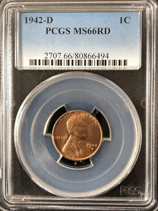 1942-D 1C RD Lincoln Wheat One Cent PCGS MS66RD 80866494 - Picture 1 of 2