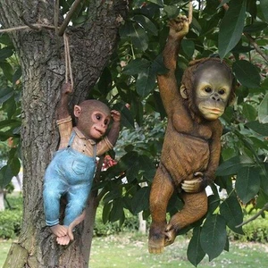 Monkey Chimp Hanging Rope Garden Ornament Statue Sculpture Resin Halloween Decor - Picture 1 of 13