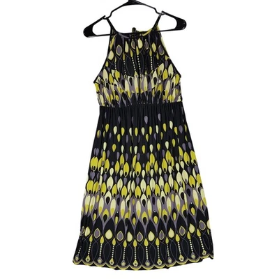 Muse Midi Dress sz 8 Women Swing A-Line Yellow Black Abstract Fit Flare Jersey - Image 1 of 4